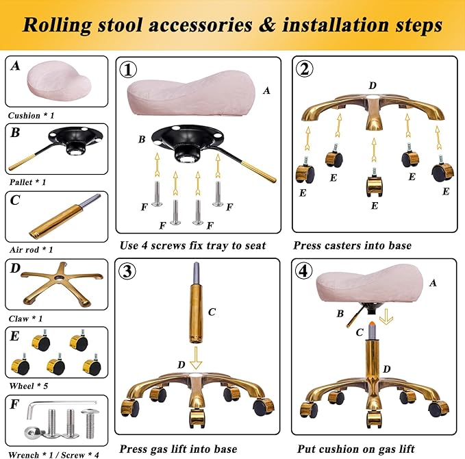 Saddle Stool Gold Rolling Stool with Wheels, PU Leather Roller Vanity Chair, Height Adjustable Swivel Saddle Chair for Pedicure, Tattoo, Massage, Salon, Spa (Pink)