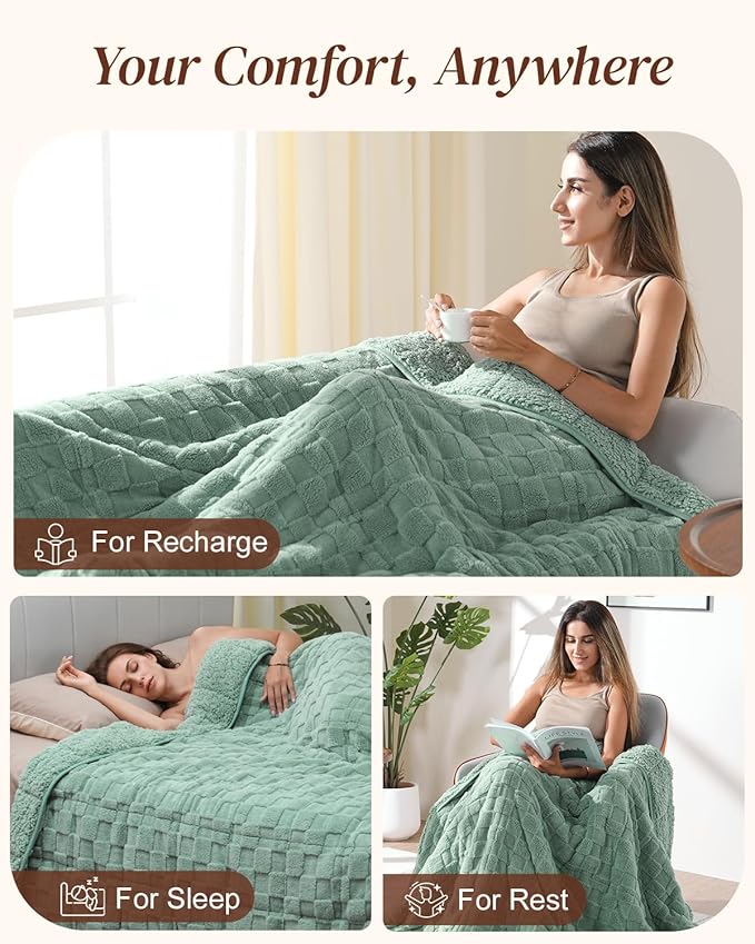 Kivik Weighted Blanket for Adult, 15 lbs Checkered Throw Blankets, Soft Dual Sided Heavy Fleece Checkerboard Blanket for Couch Sofa Bed, Queen Size 60 x 80 Inches, Sage Green