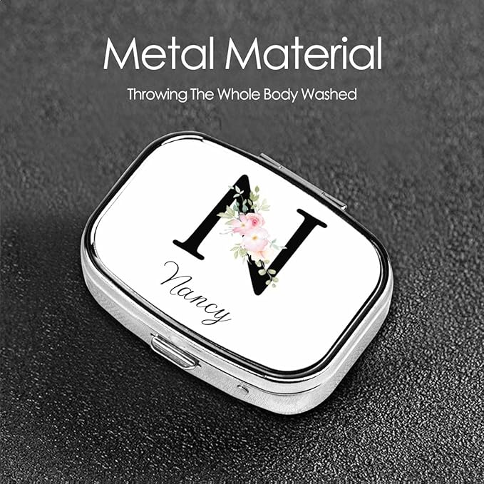 Custom Pill Box Personalized Square Small Pill Case with Mirror Add Your Photo Text Logo Name Decorative 2 Compartment Portable Metal Medicine Container Vitamin Organizer for Pocket Purse Travel (N)