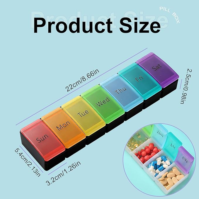 Weekly Pill Organizer, 7 Days Portable Travel Pill Box, 7-Compartment Medicine Planner Dispenser, Easy to Open, Senior-Friendly, Storage for Vitamins, Fish Oil (Black, 7-Color lid)