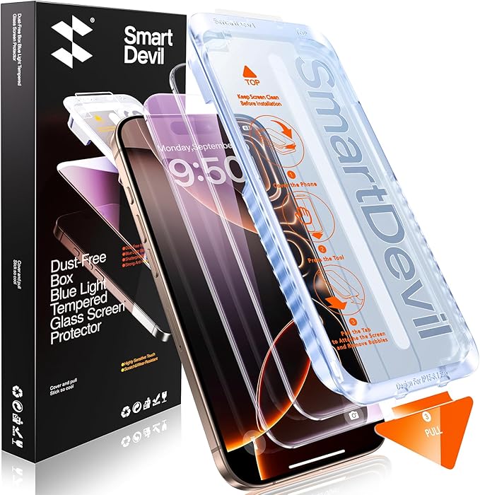 SMARTDEVIL 2 Pack for iPhone 16 Pro Screen Protector (Anti-Blue Light) - Eye Protection, 9H+ High-Aluminosilicate Glass, HD Clear & Bubble-Free, Easy Installation