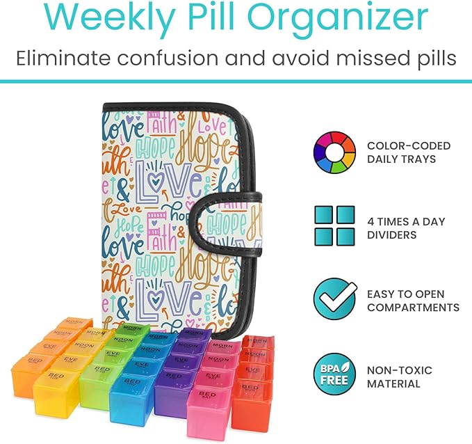 Vive Weekly Pill Organizer 4 Times a Day - 7 Days Pill Boxes for Morning, Noon, Evening, Night - Extra Large Medicine, Vitamin & Supplement Dispenser with Premium Leather Case