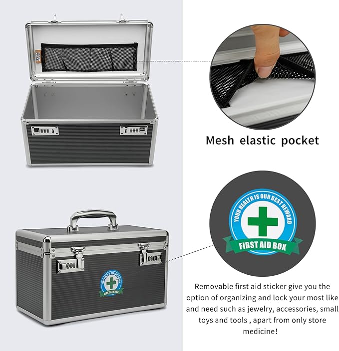 Lockable Medication Box with Portable Storage Case, 14.2 x 7.2 x 8.2 Inch, Childproof Medicine Lock Organizer, Locked Empty First Aid Storage Case (Gray/Large)