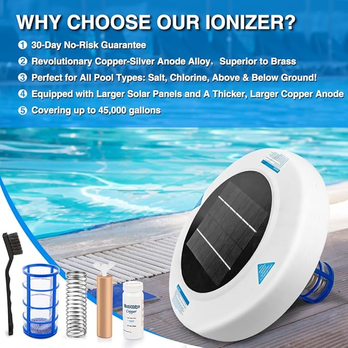 Solar Pool Ionizer – Floating Sun-Powered Water Clarifier with Heavy-Duty Copper Anode & Large Solar Panel, for Pools Up to 45,000 Gallons