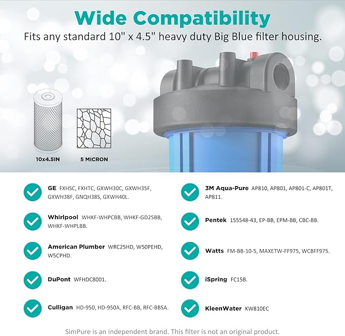SimPure Whole House Water Filter Cartridges 5 Micron 10" x 4.5" CTO Activated Carbon Block, For DB10P, DB10C-2, GE GXWH40L, GXWH35F, BB10, FXHTC, FC15B, 2 Pack