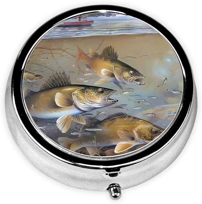 Fishing Lake Fishermen Printed Round Travel Pill Box Cute Small Metal Pocket Pill Case for Men & Women 3 Compartment Portable Pill Organizer for Purse or Pocket