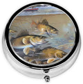 Fishing Lake Fishermen Printed Round Travel Pill Box Cute Small Metal Pocket Pill Case for Men & Women 3 Compartment Portable Pill Organizer for Purse or Pocket