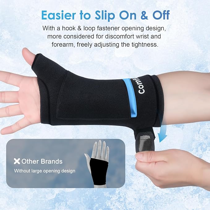 ComfiTECH Dual-Gel Wrist & Thumb Ice Pack Wrap with Extended 30-Min Cooling & Wider Coverage for Forearm, Detachable Cold Pack & Carpal Tunnel Hand Ice Sleeve for Better Putting On & Off, L