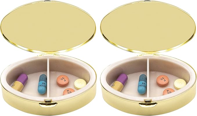 Set of 2 Oval-Shaped Pocket Purse Pill Box & Organizer with Dual Compartments (Gold Classic)