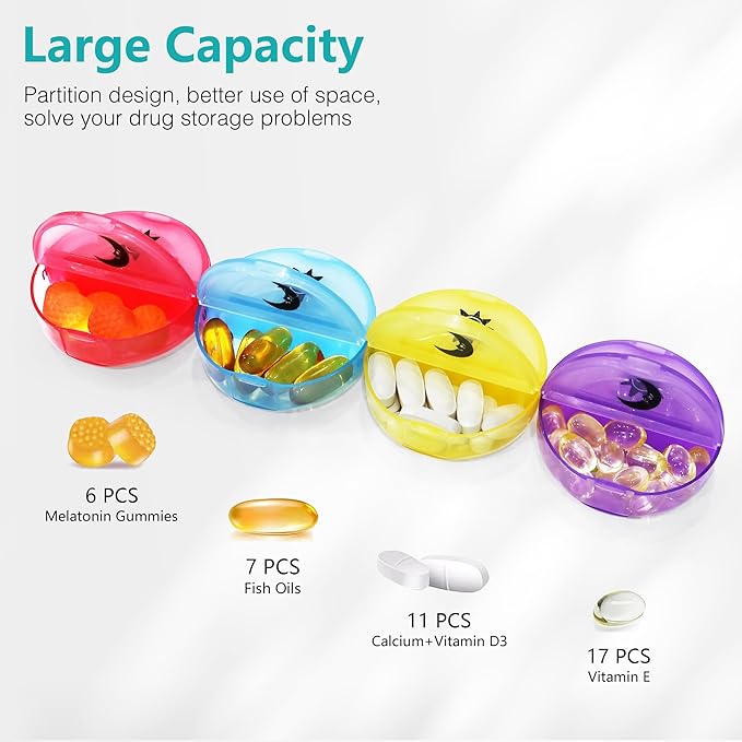 MOLN HYMY Portable Pill Organizer 2 Times a Day, Travel Friendly 7 Day Medicine Pill Box with Large AM PM Compartments for Medications/Vitamins/Fish Oil/Supplements (Rainbow+Black Case)