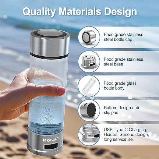 Hydrogen Water Bottle 1500PPB Portable Hydrogen Water Bottles Generator Glass, Hydrogen Rich Water Dispenser with SPE & PEM Technology for Home Office Fitness Travel Outdoor Sports (Silvery)