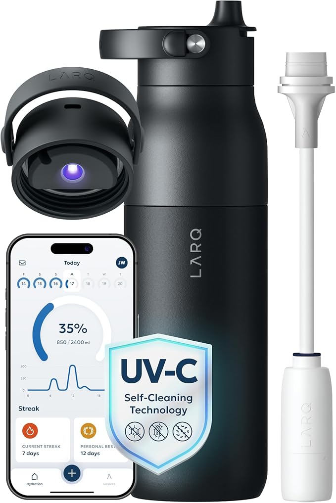LARQ PureVis 2 Self Cleaning Water Bottle - UV Water Purifier with Filter Straw, Smart App Hydration Tracking, Insulated Stainless Steel