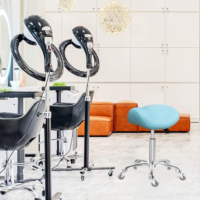 Saddle Stool Rolling Ergonomic Swivel Chair for Esthetician Massage Clinic Kitchen Tattoo Salon Cutting,Adjustable Hydraulic Posture Stool with Wheels (Without Backrest, Cyan)