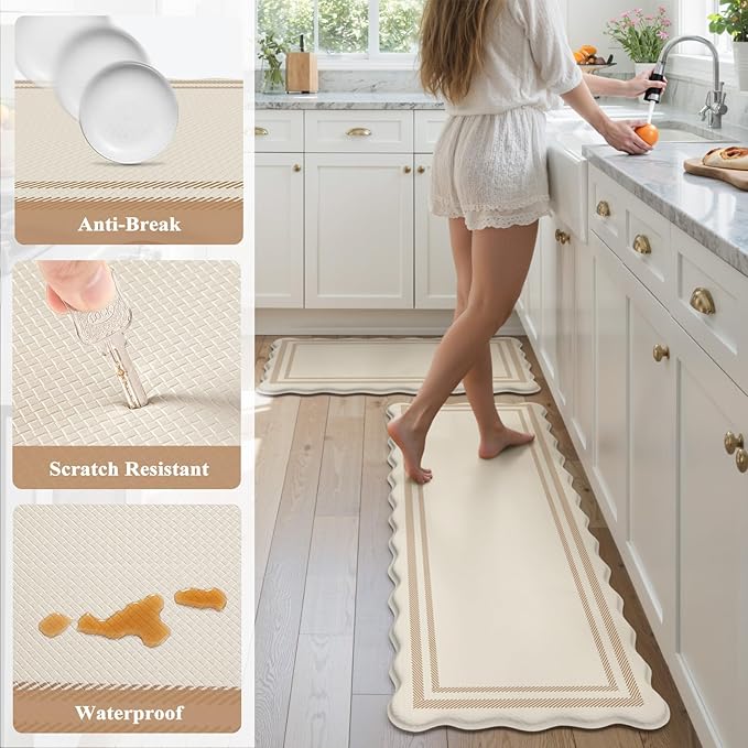KIMODE Anti Fatigue Kitchen Mats, Padded Kitchen Floor Mats,Boho Kitchen Rugs Sets of 2, Beige Scalloped Rugs for Kitchen Floor, Cushioned Standing Mat for Laundry Office Sink Desk 17"x47"+17"x29"