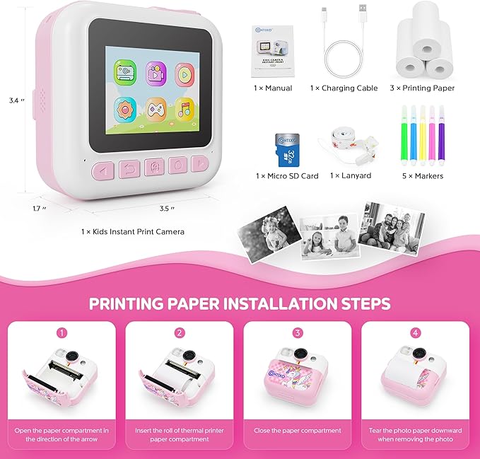 Contixo KC4 Kids Camera Instant Print, Pink 2.4” Screen Children Digital Printing Cameras with 1080P Video, 16X Zoom, 32GB Storage, Toddler Portable Travel Toys for Age 3 Years Up Girls Boys