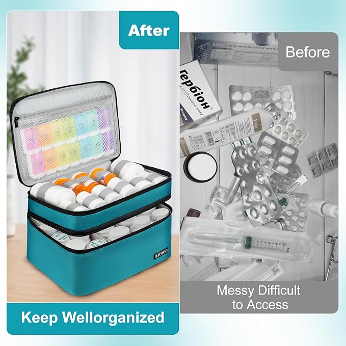 Medicine Storage Bag,Double Layers Pill Bottle Organizer Bag Empty with Lockable Zipper&Adjustable Divider,Medication Travel Carrying Bag for Pills,Vitamins,Medical Supplies,Teal Color