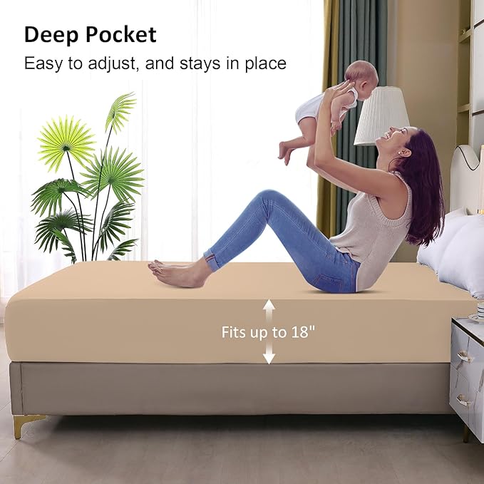 Twin Mattress Protector Waterproof, Fitted Sheet Style Breathable Mattress Cover with Deep Pocket Fits Up to 18'', Noiseless Bed Cover for Kids Adults, Machine Washable (Light Tan, 39'' X 75'')