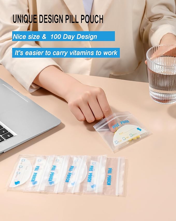 100 Pack Pill Pouch Bags - (4" X 2.75") Thickness is 6 Mil, Portable Plastic Pills Bag Hold Vitamin, Supplements, Medication, and Vitamin Storage