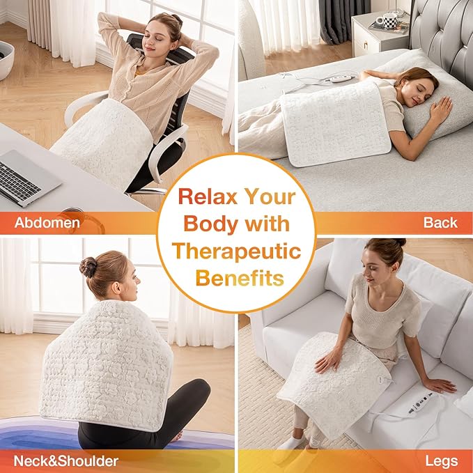 Woomer Faux Fur Electric Heating Pad for Back Pain Relief, Extra Large 20” x 24”, Extended Coverage from Neck to Hip, Two-Sided, Moist Mode, ETL Certified, 6 Adjustable Heats & 2H Auto-Off,White