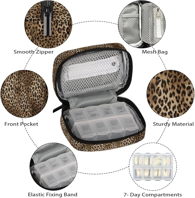 Brown Leopard Pill Case Travel Pill Organizer Weekly 7 Day Portable with Zipper Medicine Box Pill Case for Vitamins, Birth Control,Fish Oils,Medication, Supplements