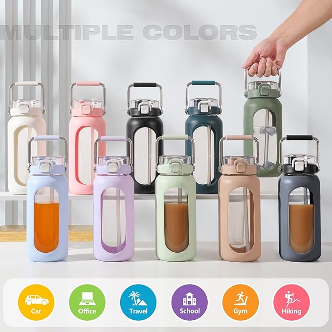 BLUEGO 64oz Water Bottle Glass with Stainless Steel Handle Large Water Bottle with Time Markers and Silicone Sleeve Half Gallon Water Jug BPA Free for Gym Daily Use, Olive