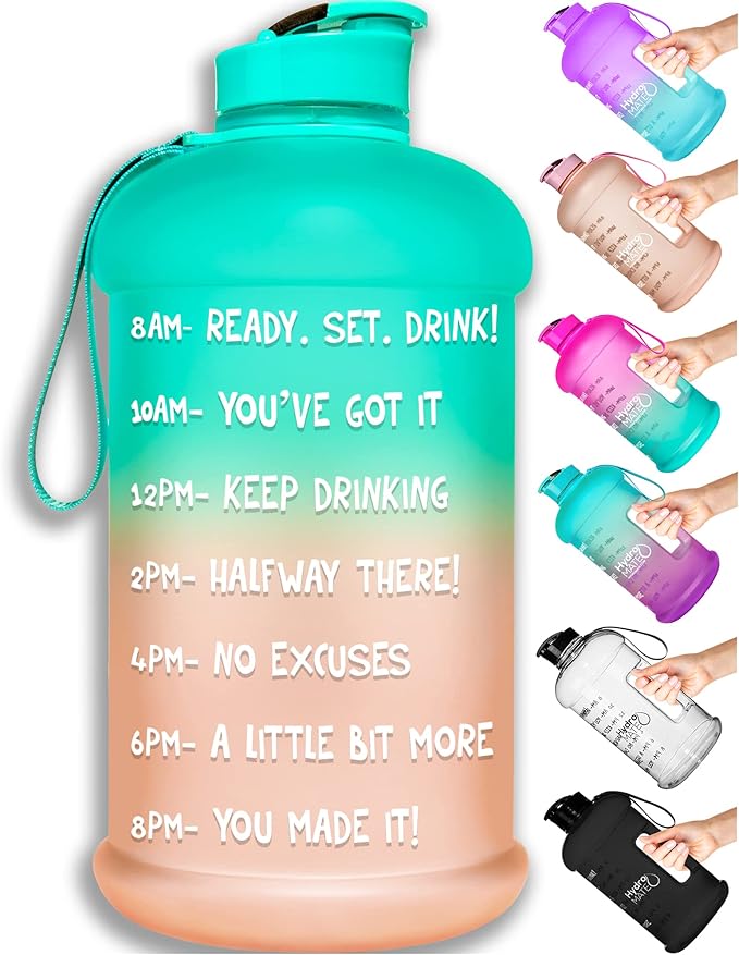 NatureWorks HydroMATE Half Gallon Water Bottle with Times to Drink BPA Free Leak Proof Reusable Jug with Handle 64 oz