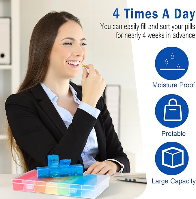 Dandat 3 Pack 10.2 inch Weekly Pill Organizer 4 Times a Day Pill Organizer 4 Times a Day Large Medicine Box Travel Daily Cases Holder 28 Days Dispenser for Hold Medicine Vitamins/Fish Oils
