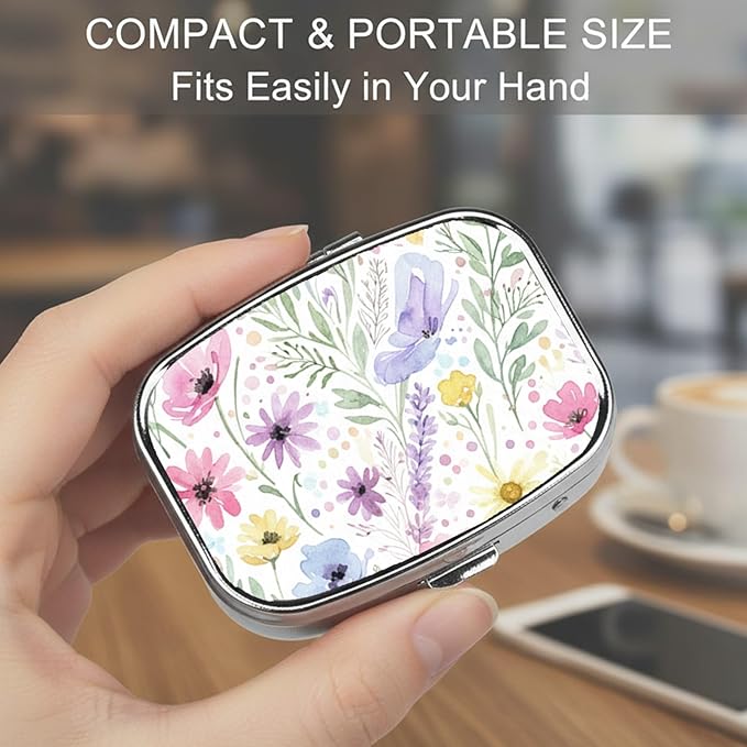 Square Pill Case Small Pill Box with Mirror Pocket 2 Compartment Vitamin Pill Medicine Case Organizer Pill Containers for Traveling Oil-Painted Wildflowers Two