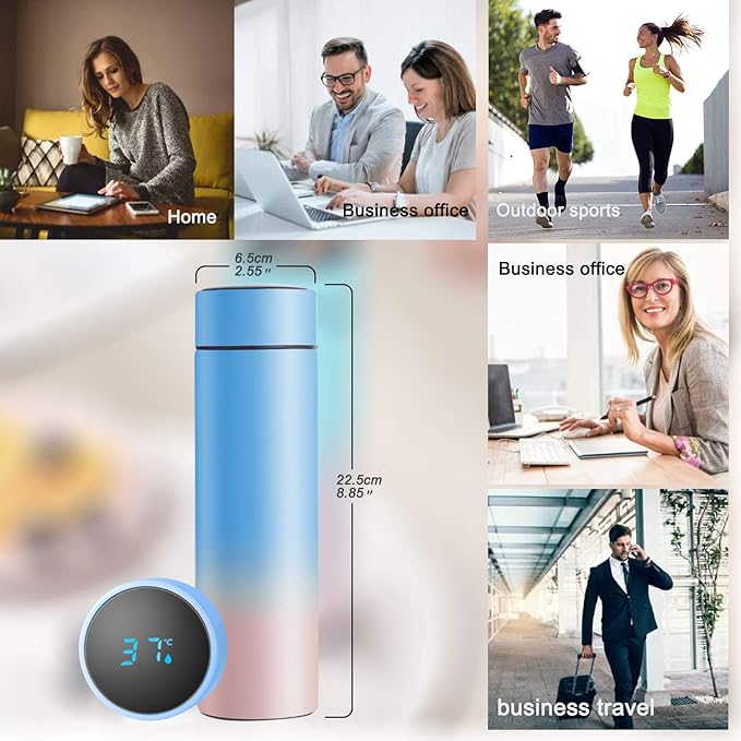 QiCheng&LYS Coffee Cup,Tea Infuser Bottle,Smart Sports Water Bottle with LED Temperature Display,17 OZ Vacuum-Insulated Stainless-Steel Water Bottle (Blue gradient)