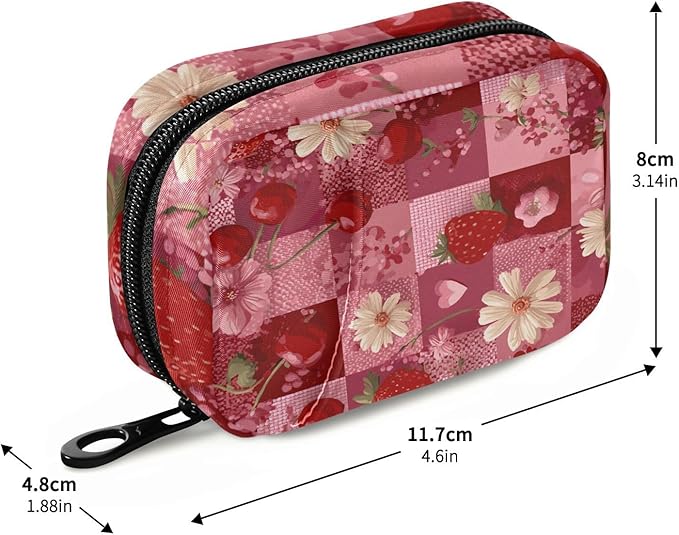 Red Checkered Floral Cherry Strawberry Travel Pill Organizer Case Box Container Weekly Portable Vitamin Medicine Holder Storage Bag with Zipper Removable