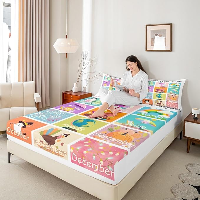 Feelyou Kids Educational Bedding Set Twin Size, Months Bed Sheet Set Boys Girls Learning Fitted Sheet Kindergarten Teens Bedroom Decor Lightweight Bed Set (No Flat Sheet)
