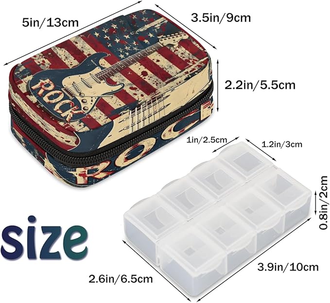 American Flag Guitar Abstract Travel Pill Organizer Box Weekly Portable Pill Case Daily Pills 7 Day Small Birth Control Pills Container Removable Compartments for Medicine Vitamins Fish Oil