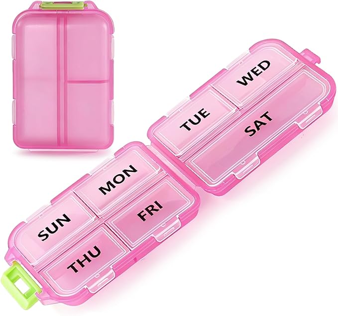 7 Day Compact Pill Organizer, Foldable Portable Travel Pill Box with Double Protection, Daily Small Pill Case Dispenser for Medication, Vitamins, Supplements (Clear Pink)