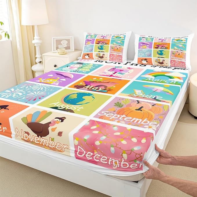 Feelyou Kids Educational Bedding Set Twin Size, Months Bed Sheet Set Boys Girls Learning Fitted Sheet Kindergarten Teens Bedroom Decor Lightweight Bed Set (No Flat Sheet)