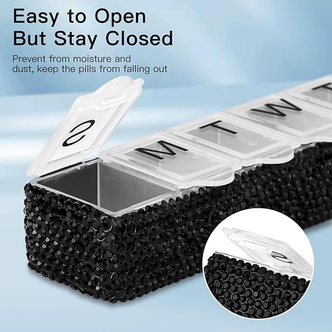 Soleebee Portable Weekly 7 Day Pill Organizer, Bling Crystal Pill Box Case, Travel Pill Planner, Pill Dispenser, Medicine Vitamin Container Organizer (Black)