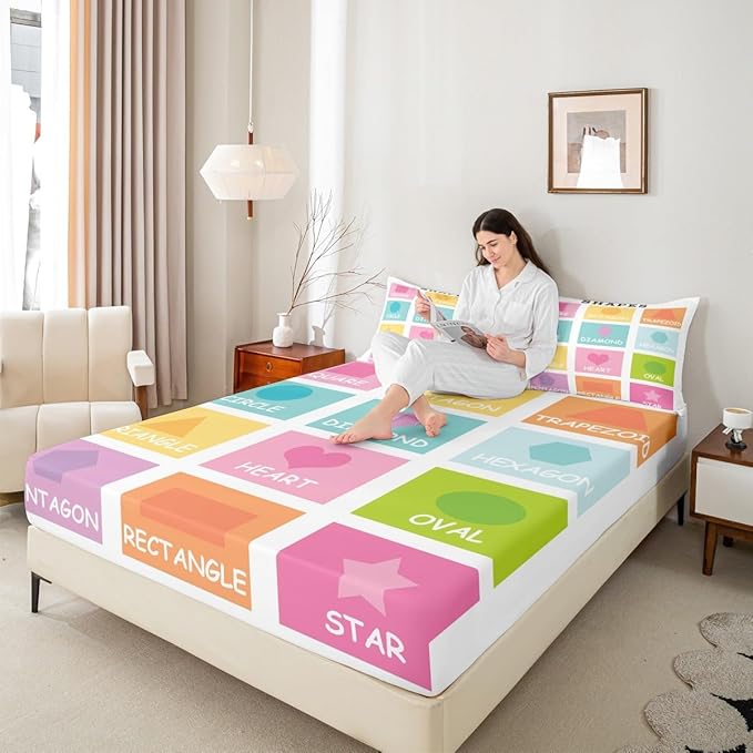 Feelyou Kids Shapes Fitted Sheet Full Size, Educational Bed Sheet Set Boys Girls Preschool Bedding Set Learning Teens Bedroom Decor Lightweight Bed Set (No Flat Sheet)
