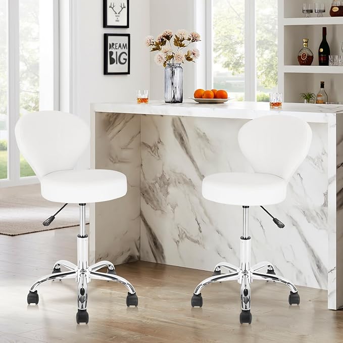 Leather Rolling Salon Stool with Back Support and Wheels Adjustable Height Swivel Spa Stools for Office Massage Facial Medical Drafting Tattoo Beauty Barber Lab Doctor Clinic Tattoo, White