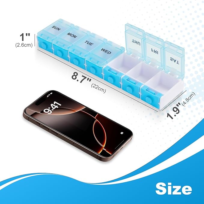 Push Button Weekly Pill Organizer, Medicine Pill Organizer with Label, Pill Box Case 7 Day BPA-Free, Pill Container for Vitamins, Fish Oil, Supplements Medication (Blue)