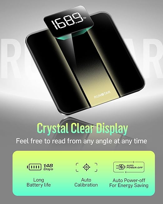 RunStar Digital Scale for Body Weight, Accurate Bathroom Weight Scale with Clear LED Backlight Display, Home Scale 400lb with Anti-Slip Design, Black Golden