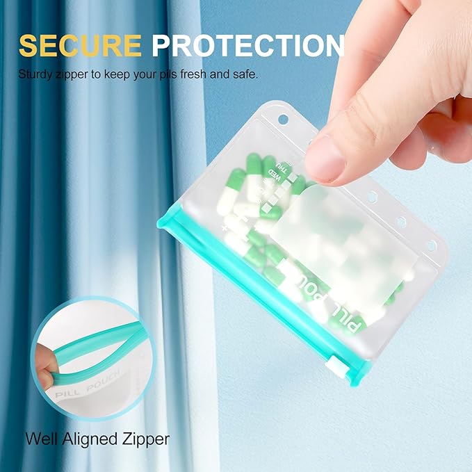 Water-Proof Pill Pouch Set， Large Pill Organizer, Pill Loose-Leaf Storage with Color-Coded Medicine Pouches,BPA Free, Reusable Travel Medicine Organizer， Zippered Pill Organizers Weekly