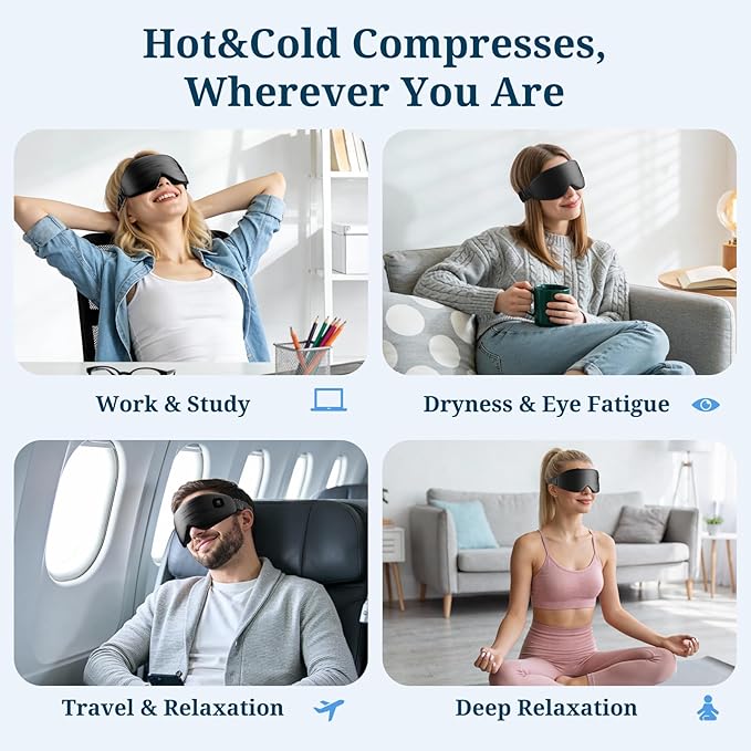 100% Silk Wireless Heated Eye Mask with Cooling - 3 Heat Settings, for Dry Eyes, Puffiness & Dark Circles - Adjustable, Washable, Travel-Friendly (Black)