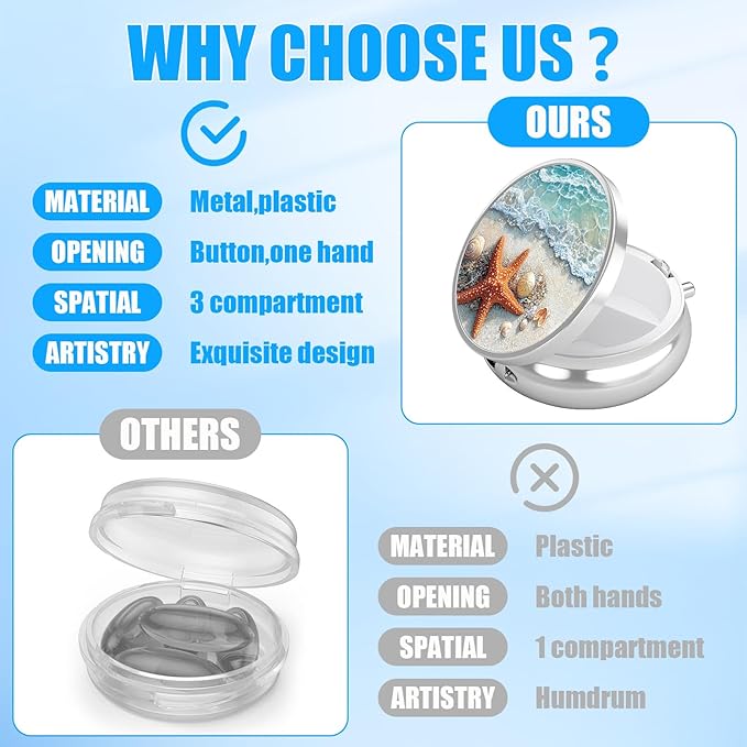 Pill Box, 3 Compartments Small Pill Case Travel Portable Metal Medicine Box with Mirror Mini Container for Purse Pocket Women Men(Beach Starfish)