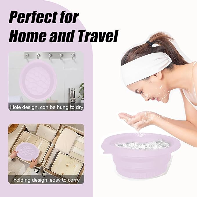 Face Ice Bath Bowl Mold With Built-In Icetray, Portable Foldable Silicone Dipping Water Facial Cold Immersion Therapy Plunge Ice Bowl for Face Ice Bath Holder for Home And Travel (Purple)
