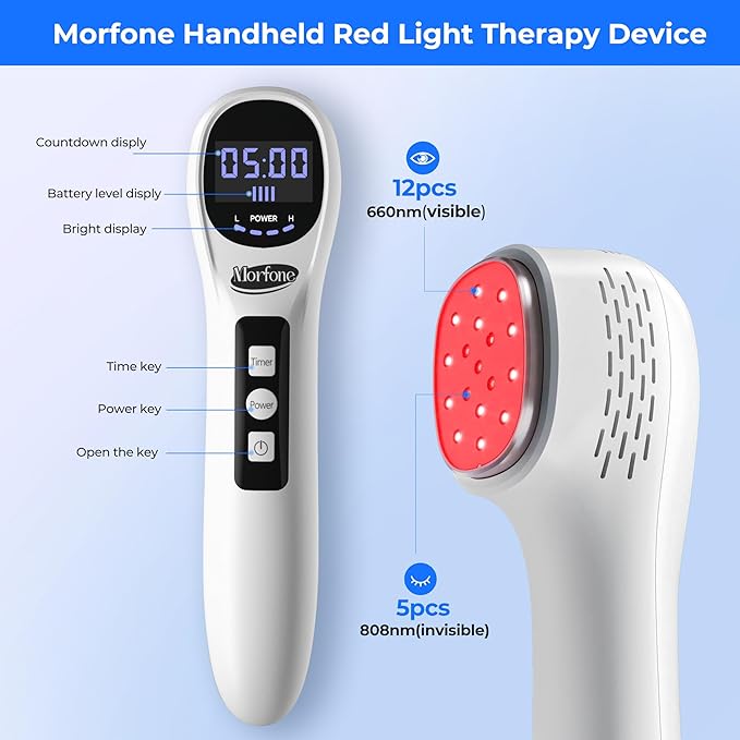 Morfone Handheld Red Light Therapy Devices - Near Infrared Light Therapy for Face & Body, 660nm 808nm Wireless Red Light Therapy Wand with Glasses for Knee, Wrist, Local Pain and Pets, Portable, White