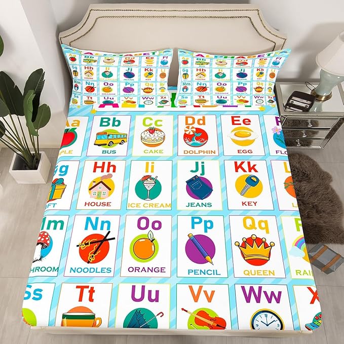 ABC Alphabet Fitted Sheet Queen Size, Kids Toddler Learning Time Bed Sheet Set Educational Learning Bed Cover Lightweight