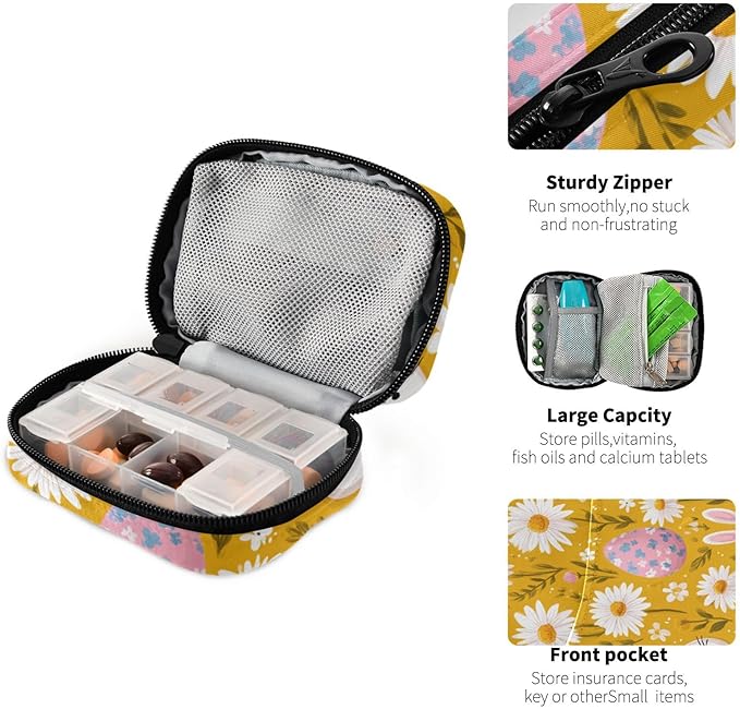 Yellow Daisy Bunny Flower Travel Pill Organizer Case Box Container Weekly Portable Vitamin Medicine Holder Storage Bag with Zipper Removable
