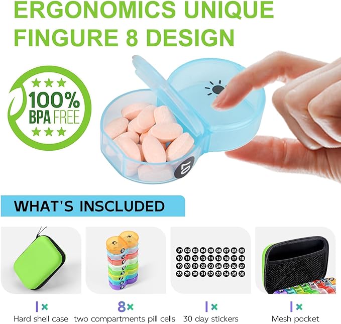 Weekly Pill Organizer Box 2 Times a Day, Pill Box AM PM with 8 Daily Pocket Case, Travel Pill Box with Portable Hard Case, Handy Medicine Box 7 Day Holds Vitamin, Cod Liver Oil & Supplement
