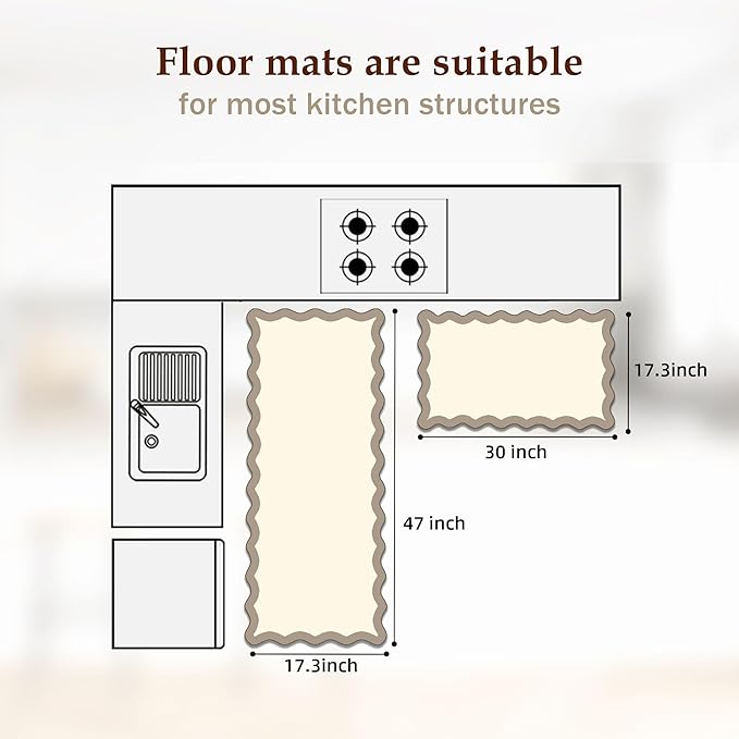 Scalloped Kitchen Mats Rugs Sets of 2 Cushioned Anti Fatigue Floor Mat Waterproof Kitchen Rugs Non Slip Foam Comfort Standing Mat for Sink Laundry, Khaki