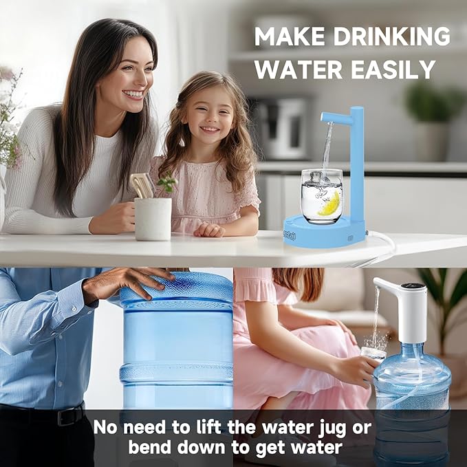 Water Dispenser for 5 Gallon Bottle – Desktop Electric Water Pump with USB-C Fast Charging, Portable 5 Gallon Water Jug Dispenser for Home, Office, Bedside & Countertop (Sky Blue)