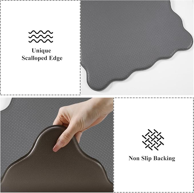 KIMODE Anti Fatigue Kitchen Mats for Kitchen Floor,Scalloped Kitchen Rugs Sets of 2 Non Slip,Cushioned Padded Memory Foam Kitchen Floor Mat Carpet for Office Laundry Sink,Grey